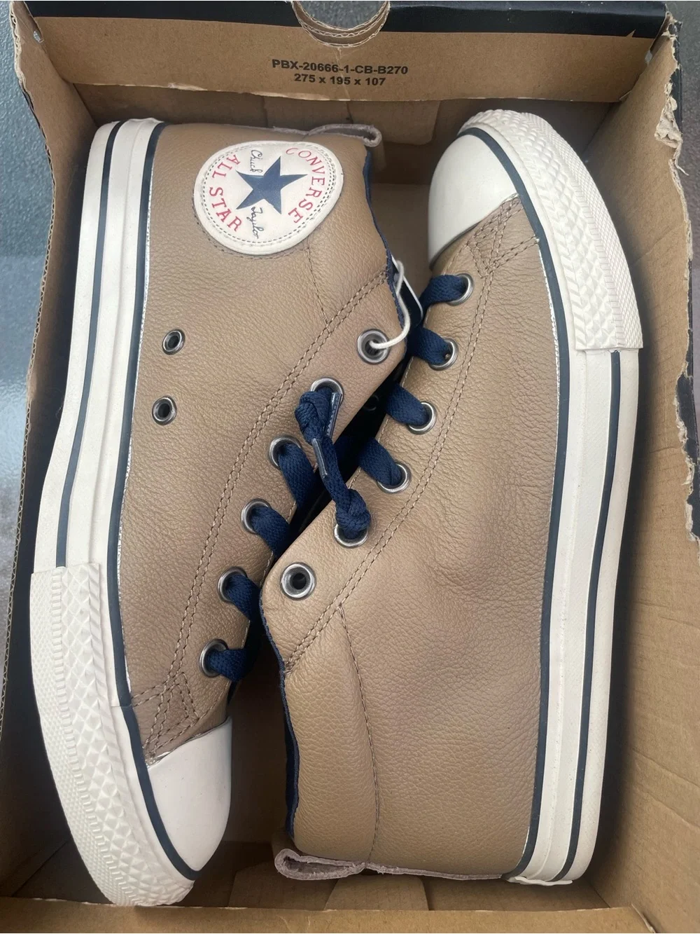 Converse Chuck Taylor Upper Leather Low Top Sneakers in Tan & Navy